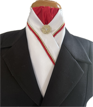 HHD Custom White Dressage Pre Tied Stock Tie Red & Gold Rhinestone Pin