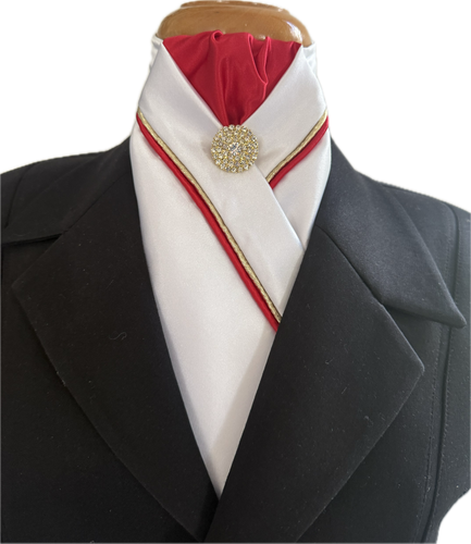 HHD Custom White Dressage Pre Tied Stock Tie Red & Gold Rhinestone Pin