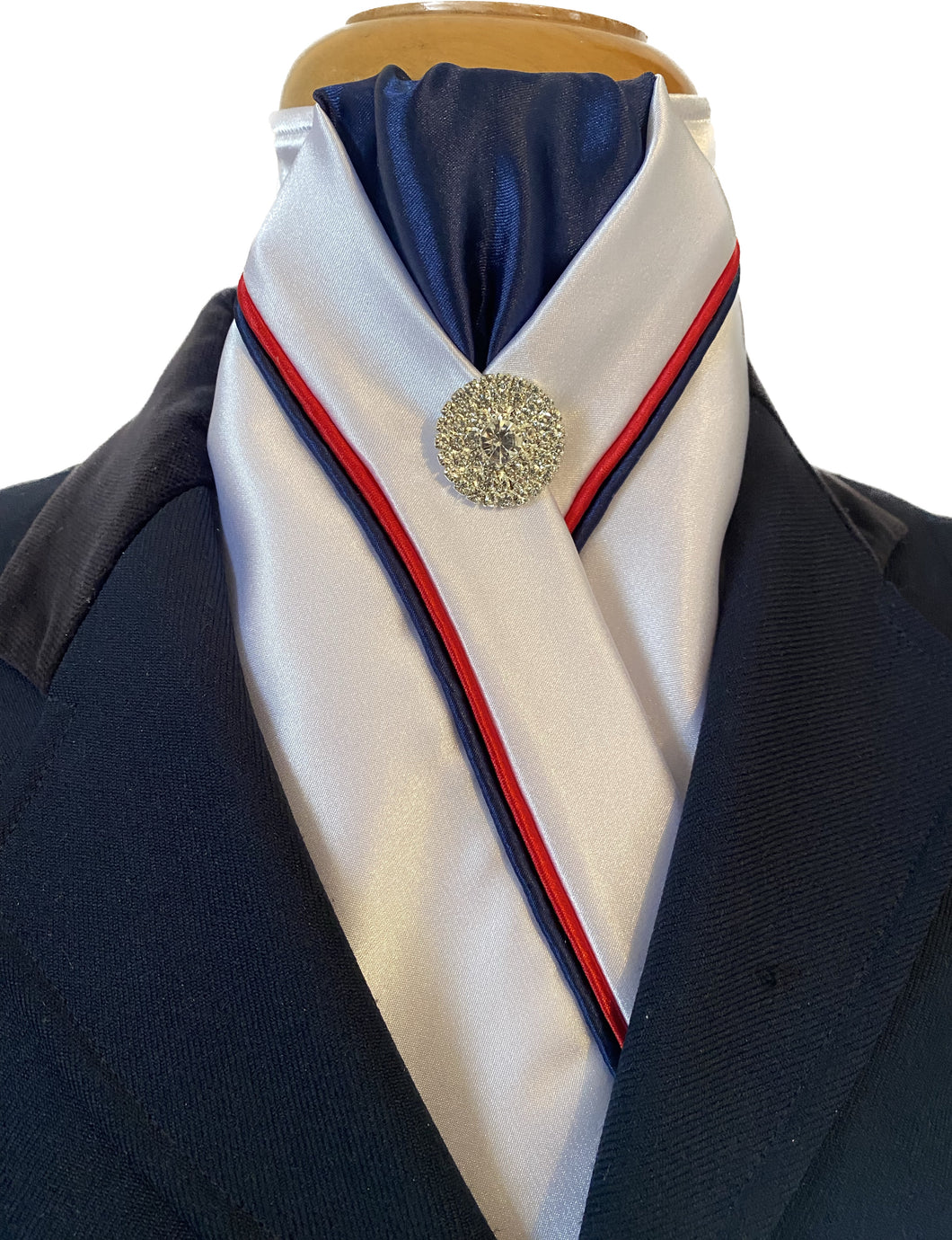 HHD Custom White Satin Dressage Pretied Stock Tie Piping in Navy and Red