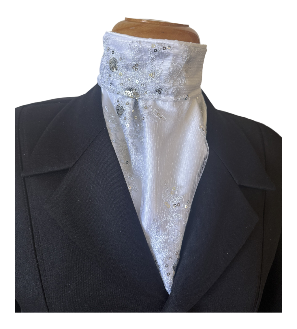 HHD Dressage Equestrian Euro Stock Tie ‘Rosalea’ in White Embroidered Lace with Sequins