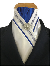 HHD Pretied Stock Tie White Satin Royal Blue Chain Embroidered