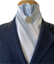 HHD White Satin Pretied Dressage Stock Tie Chain Embroidered Sky Blue