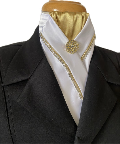 HHD Equestrian Dressage Stock Tie White with Gold and Crystals