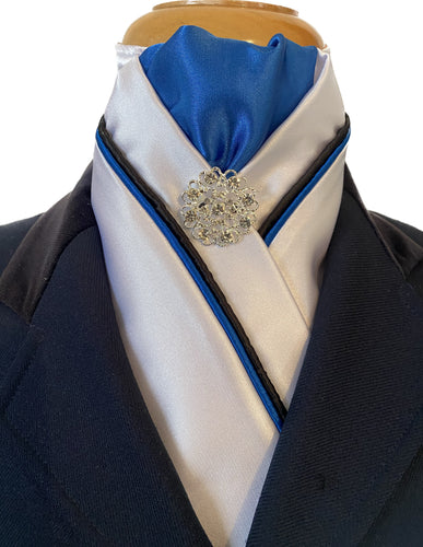 HHD Custom White Dressage Satin Pre-tied Stock Tie Black & Royal Blue