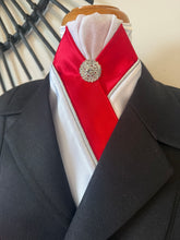 HHD ‘Grace’ White Custom Stock Tie, Red, Silver Piping Rhinestone Pin