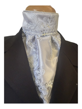 HHD Dressage Equestrian Euro Stock Tie ‘Rosalea’ in Silver Embroidered Lace with Sequins