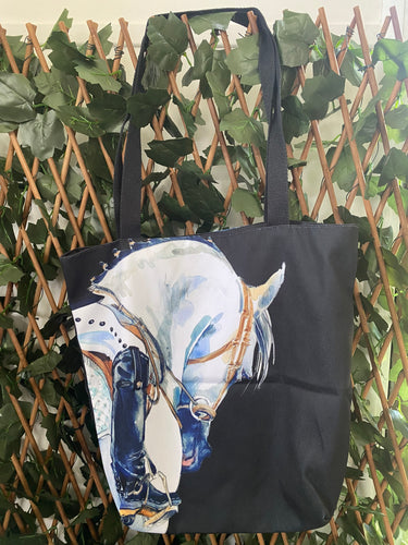 Grey Dressage Horse on Black Tote Bag