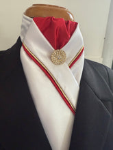 HHD Custom White Dressage Pre Tied Stock Tie Red & Gold Rhinestone Pin