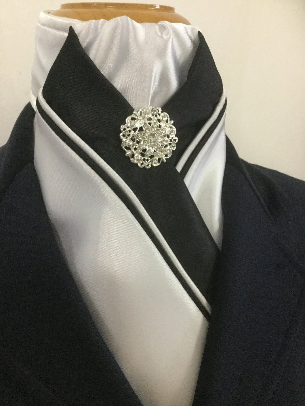 HHD ‘Grace’ Custom White & Black Dressage Stock Tie Rhinestone Pin