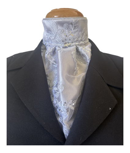 HHD Dressage Equestrian Euro Stock Tie ‘Rosalea’ in Silver Embroidered Lace with Sequins