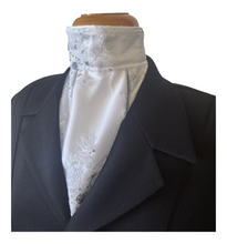 HHD Dressage Equestrian Euro Stock Tie ‘Rosalea’ in White Embroidered Lace with Sequins