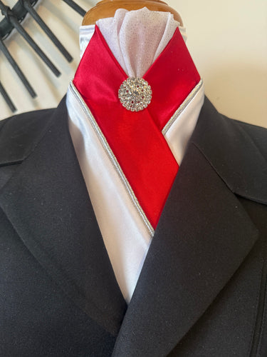 HHD ‘Grace’ White Custom Stock Tie, Red, Silver Piping Rhinestone Pin