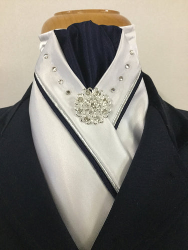 HHD White Satin Dressage Stock Tie in Black & Silver with Swarovski Crystals