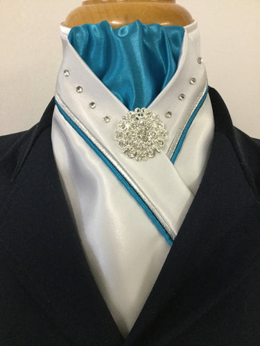 HHD White Satin Dressage Stock Tie Aqua & Silver with Swarovski crystals