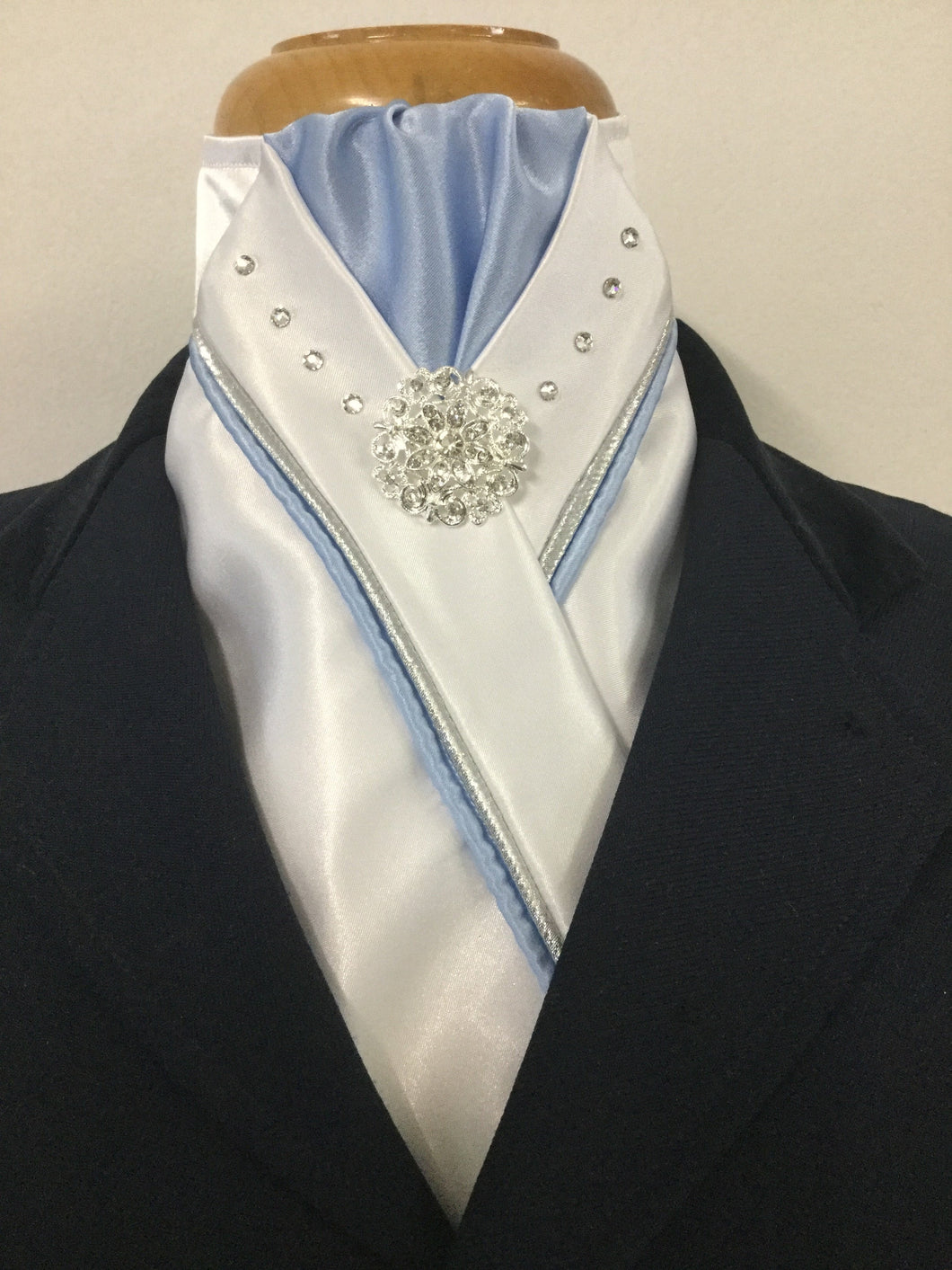 HHD White Satin Dressage Stock Tie Light Blue and Silver with Swarovski Crystals