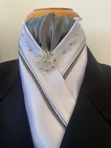 HHD White Satin Dressage Stock Tie Grey & Silver with Swarovski Crystals