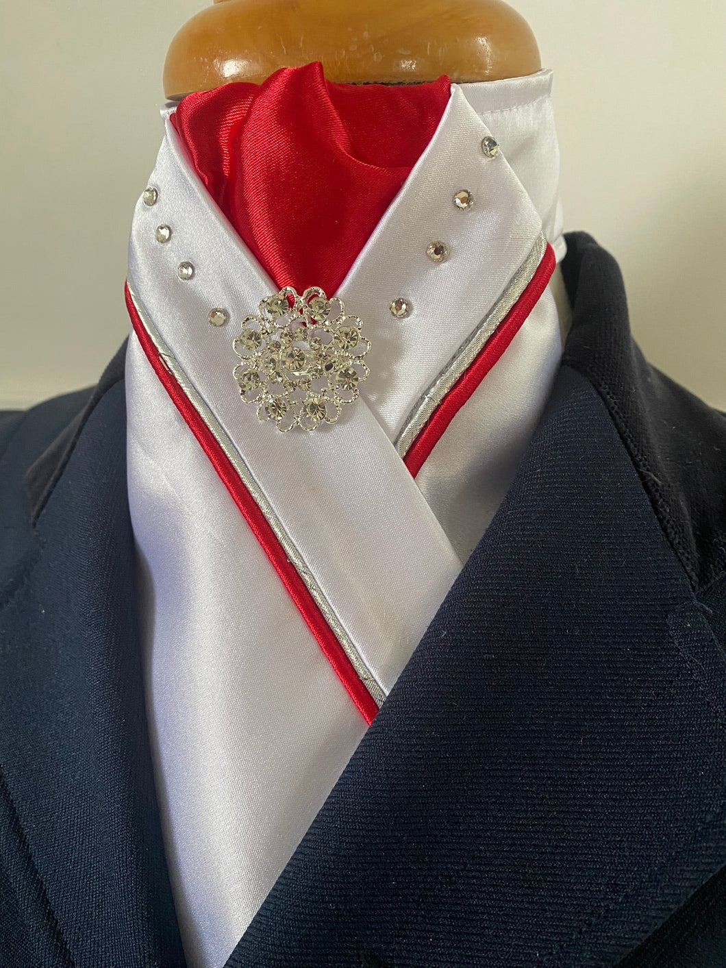 HHD Dressage Stock Tie Red & Silver with Swarovski Crystals