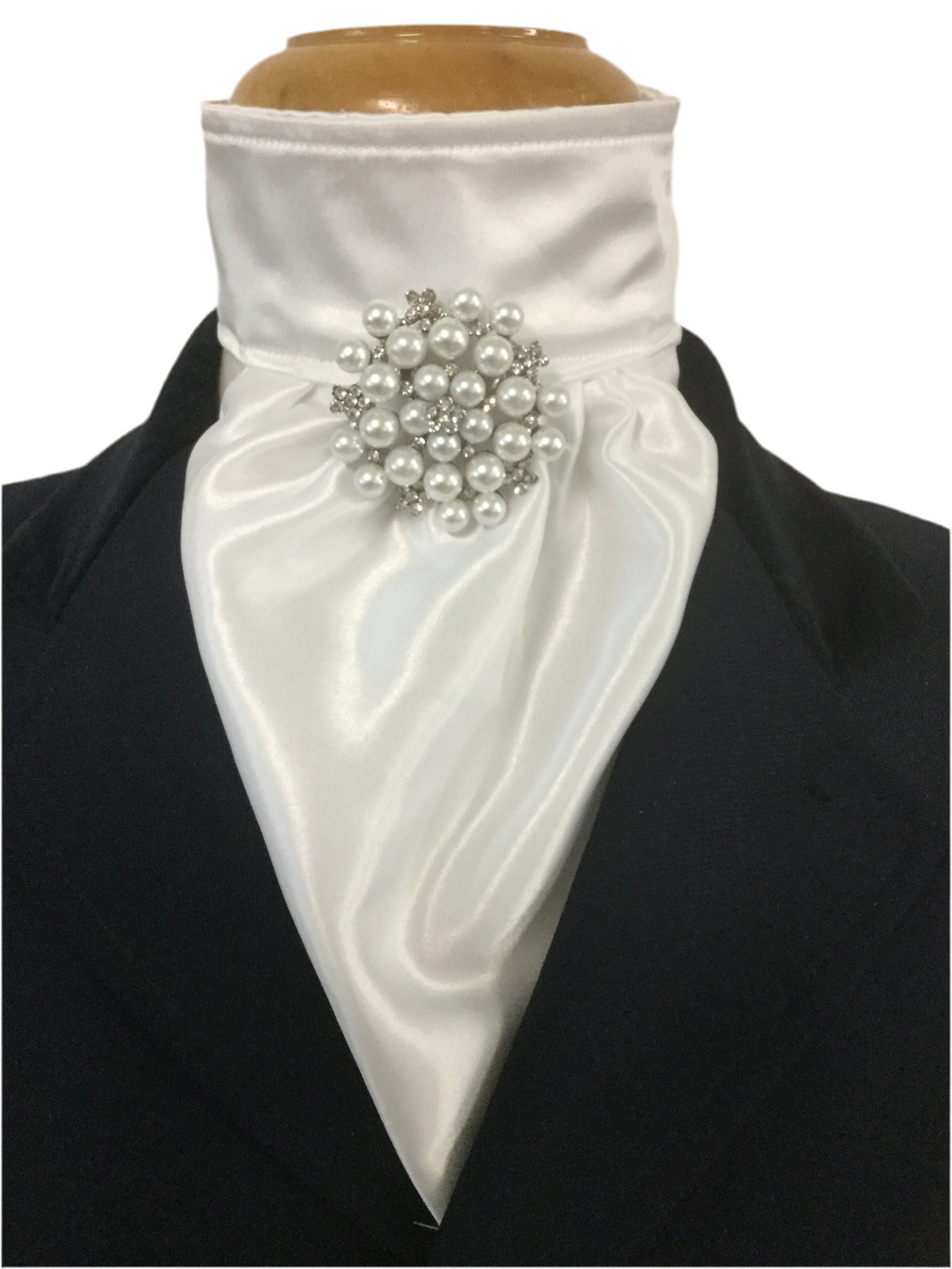 The HHD White Satin Dressage Euro Stock Tie ‘Tilly’ with Pearls