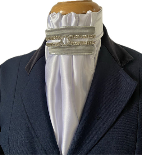 HHD White Dressage Euro Stock Tie ‘Jane’ in Grey with Crystals