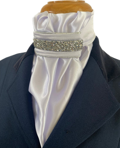 HHD White Satin Dressage Euro Stock Tie ‘ Nancy’ in Silver Rhinestones