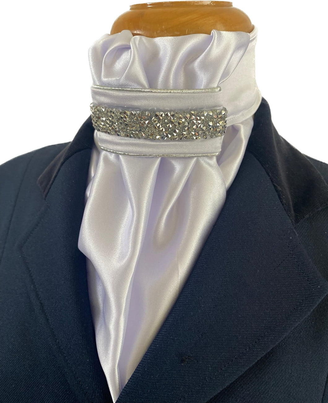 HHD White Satin Dressage Euro Stock Tie ‘ Nancy’ in Silver Rhinestones