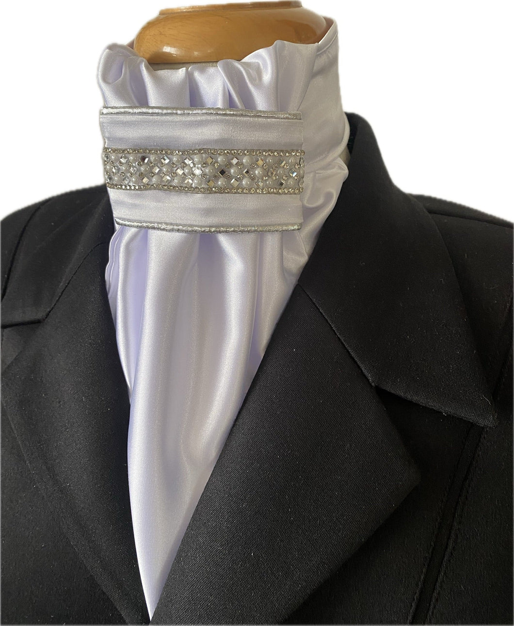 HHD White Dressage Euro Stock ‘ Nancy’ in Silver with Pearls and Rhinestones