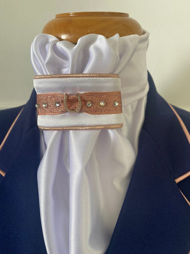 HHD White Satin Euro Dressage Stock Tie ‘Tomi’ Rose Gold with Swarovski Elements