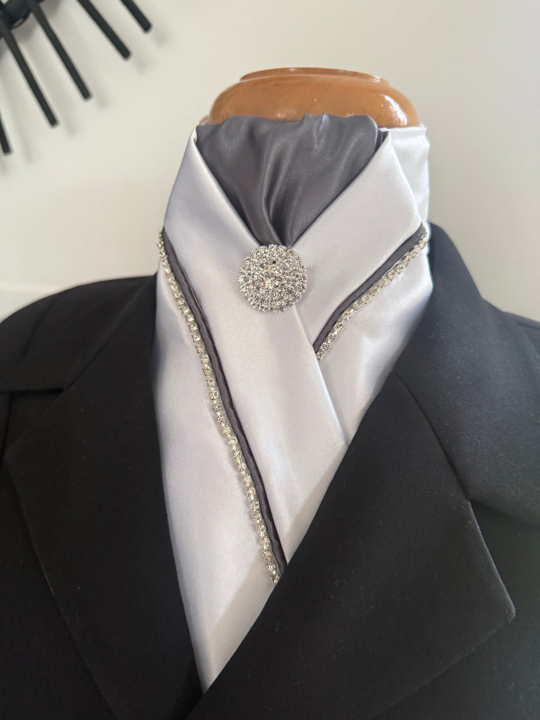 HHD White Dressage Stock Tie in Grey with Cyrstals