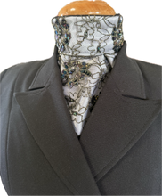 HHD Dressage Euro Stock Tie ‘Rosalea’ in White Black Embroidered Lace with Sequins