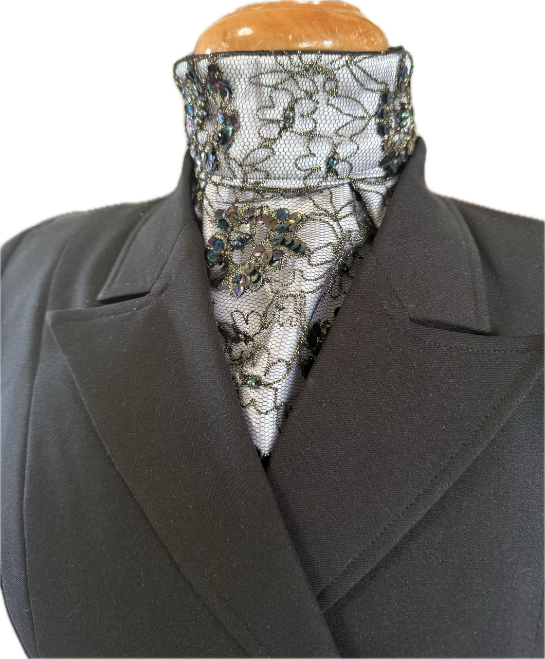 HHD Dressage Euro Stock Tie ‘Rosalea’ in White Black Embroidered Lace with Sequins