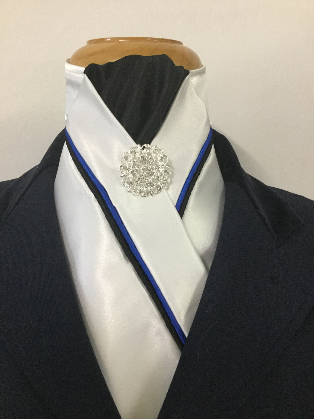 HHD Custom White Satin Pre-tied Stock Tie Black & Royal Blue