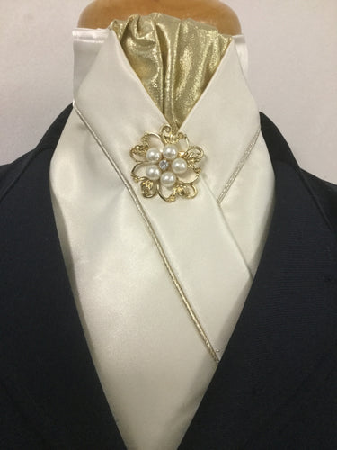 HHD Cream Pre Tied Stock Tie Gold Rhinestone Pearl Pin