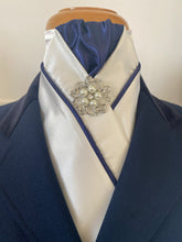 HHD Cream Satin Custom Dressage Pretied Stock Tie Navy Blue with Piping