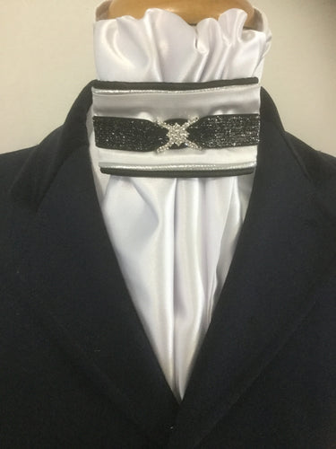 HHD White Satin Dressage Euro Stock Tie ‘Ruby’ in Black & Silver