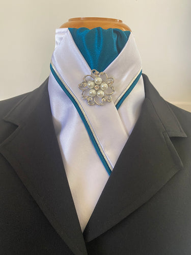 HHD Custom White Dressage Stock Tie Teal Green Silver Piping & Pearl Stock Pin