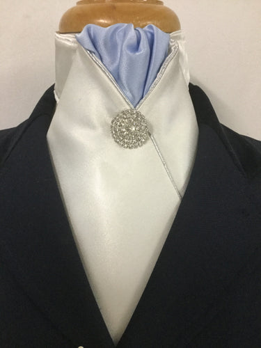 Sale-  HHD Ivory Satin Pre Tied Stock Tie Light Blue, Silver Rhinestone Pin