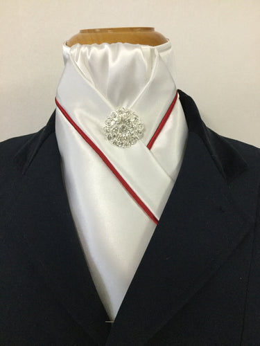 HHD White or Cream Custom Pre Tied Stock Tie with Red Piping