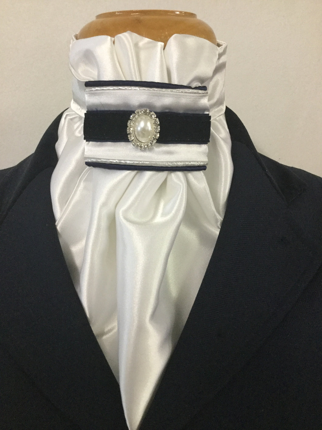 HHD Dressage White Satin Euro Stock Tie ‘Helen’ Navy & Silver