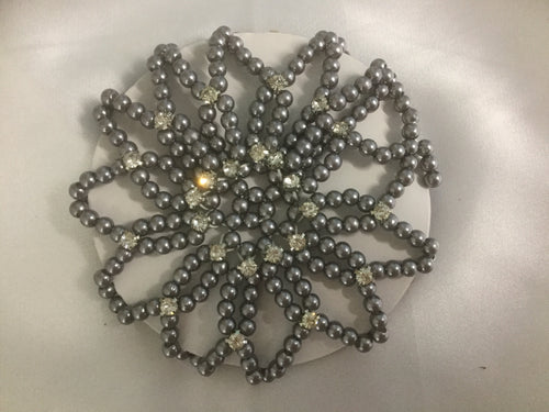 Grey Beaded Pearl & Rhinestone Hair Snood Bun Cover