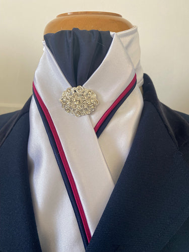 HHD White Satin Pretied Dressage Stock Tie Navy Blue and Hot Pink