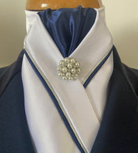 HHD White Satin Dressage Stock Tie Navy Blue & Silver Piping