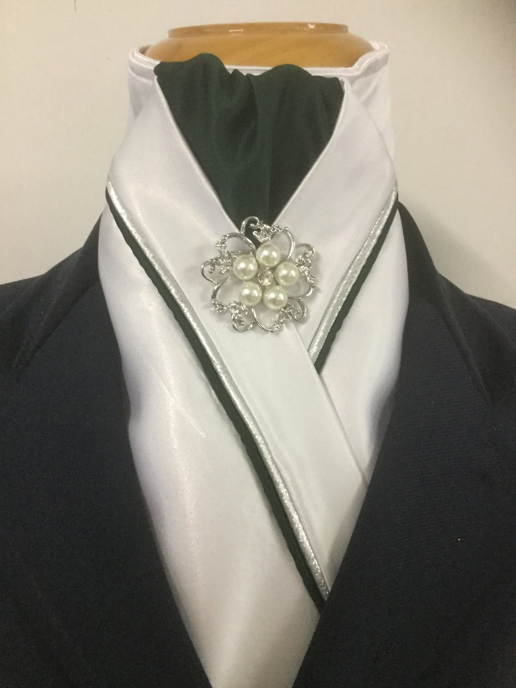 HHD White Satin Pretied Dressage Stock Tie Bottle Green & Silver