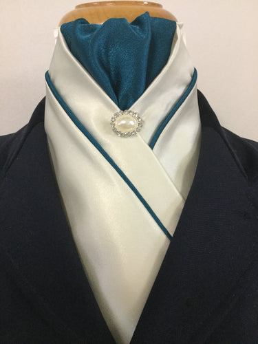 HHD Cream Custom Stock Tie Teal Piping & Silvertone Pearl Rhinestone Pin