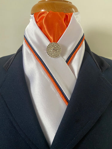HHD White Satin Pretied  Stock Tie Navy Blue and Orange