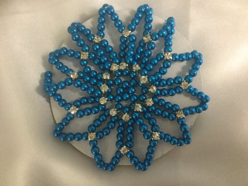 Aqua Blue Beaded Pearl & Rhinestone Hair Snood Bun Cover