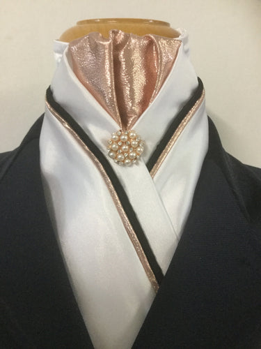 HHD Dressage Stock Tie White or Ivory Satin Rose Gold & Black or Navy Rhinestone Pin