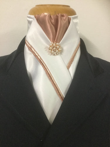 HHD Ivory or White Satin Dressage Stock Tie Rose Gold Piping