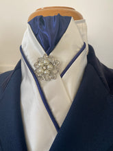 HHD Cream Satin Custom Dressage Pretied Stock Tie Navy Blue with Piping