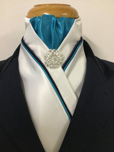 HHD White Satin Custom Pretied Stock Tie Aqua, Navy Blue