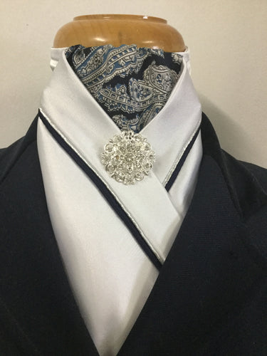HHD White Satin Custom Stock Tie Navy Paisley & Silver